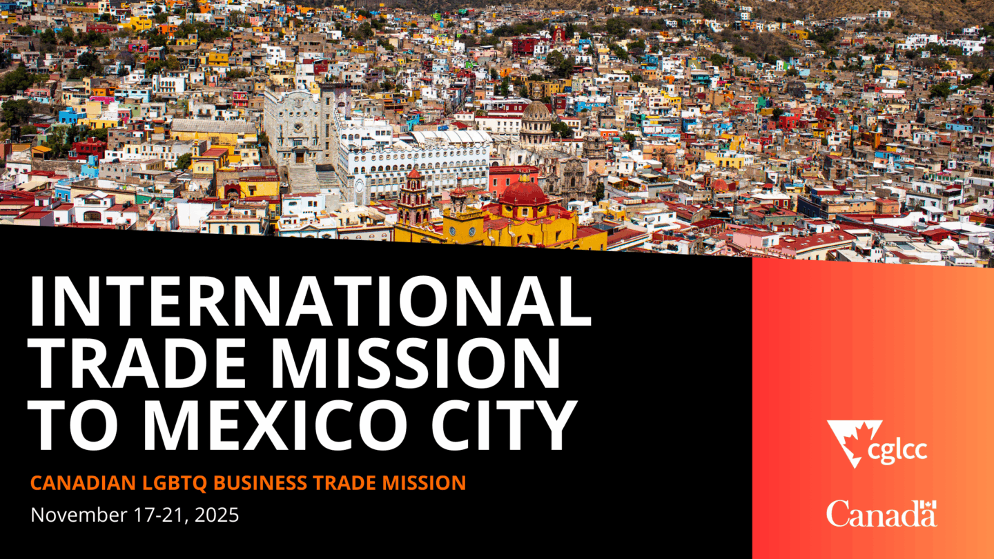 Banner advertising CGLCC led Trade Mission to Mexico in November 2025. Landscape photo of a city in the background.